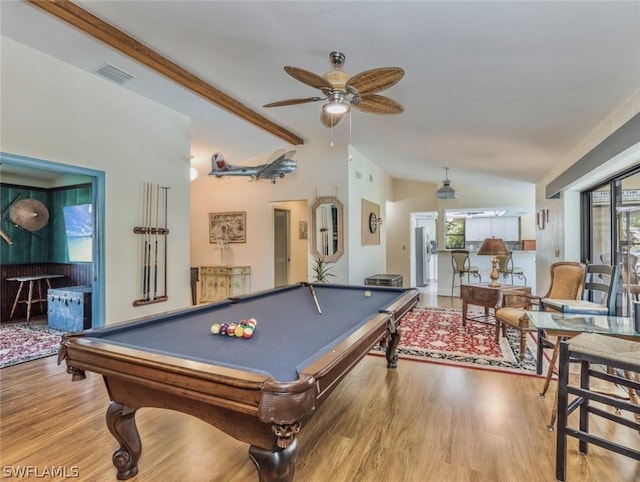 game room with light hardwood / wood-style floors, ceiling fan, lofted ceiling, and pool table