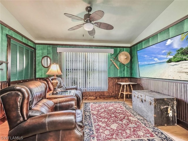 interior space with hardwood / wood-style floors and vaulted ceiling