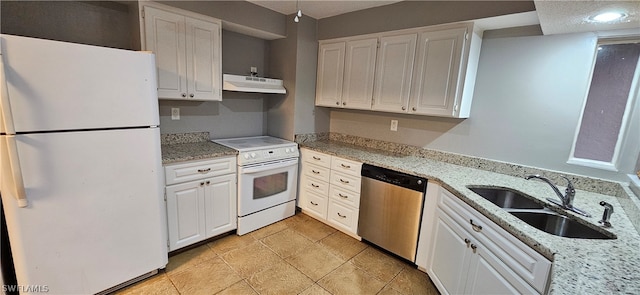 kitchen featuring white appliances, white cabinets, exhaust hood, sink, and light tile floors