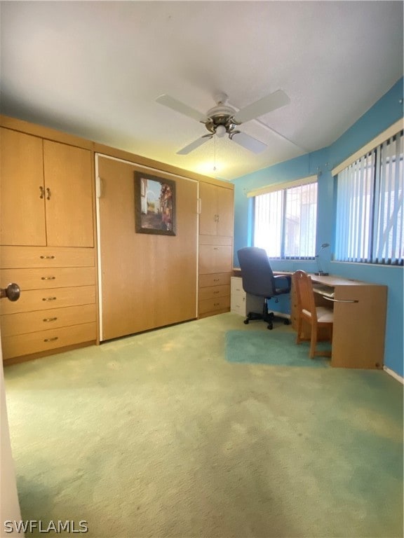 unfurnished office featuring ceiling fan and light carpet