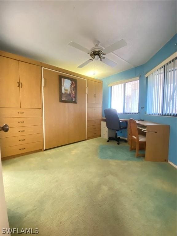 unfurnished office featuring light colored carpet and ceiling fan