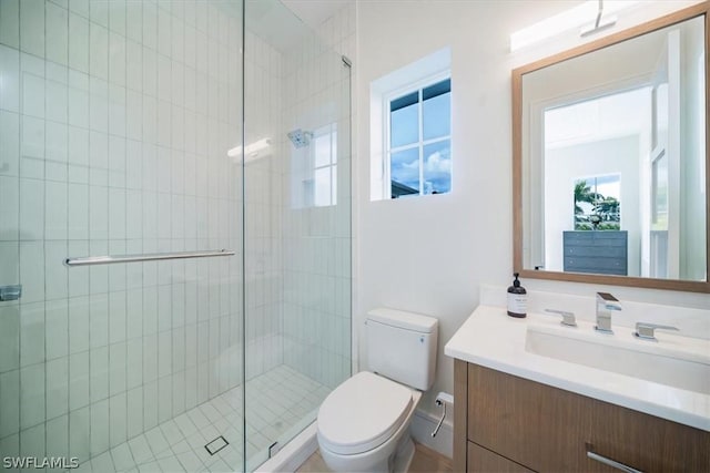 bathroom featuring vanity, toilet, and walk in shower