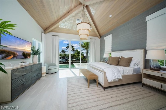 bedroom featuring high vaulted ceiling, access to outside, light hardwood / wood-style flooring, beam ceiling, and wood ceiling