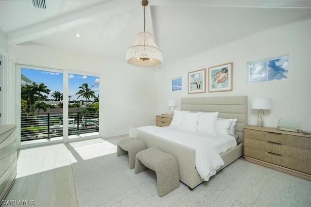 bedroom with lofted ceiling with beams, access to outside, and light hardwood / wood-style flooring