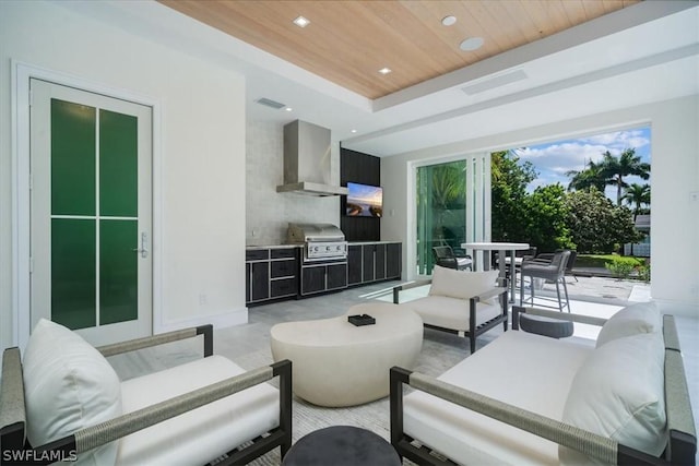 living room with wooden ceiling