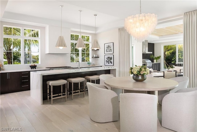 dining area featuring plenty of natural light, light hardwood / wood-style floors, and a raised ceiling