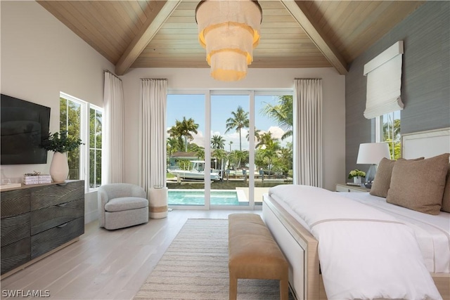 bedroom with access to outside, beamed ceiling, a chandelier, and wood-type flooring