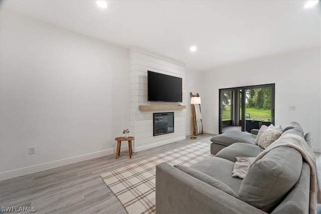 living room with a large fireplace and light hardwood / wood-style flooring