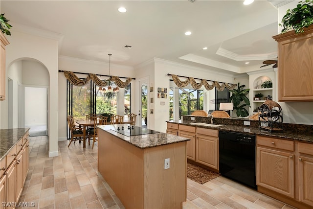 kitchen featuring black appliances, dark stone counters, sink, and light brown cabinets