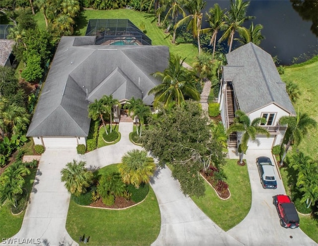 bird's eye view with a water view