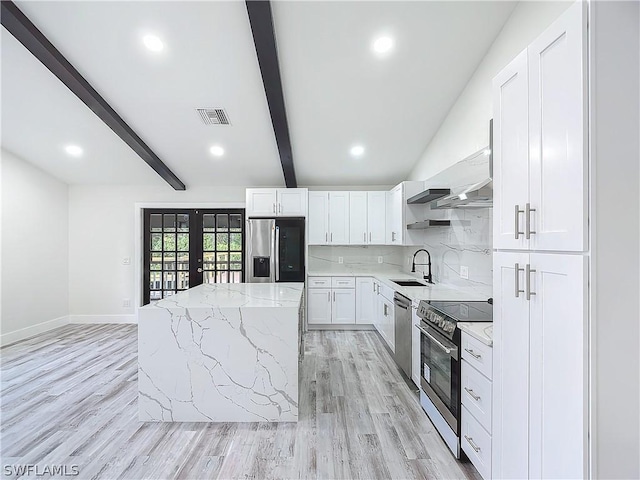 kitchen featuring white cabinetry, sink, light stone counters, stainless steel appliances, and french doors