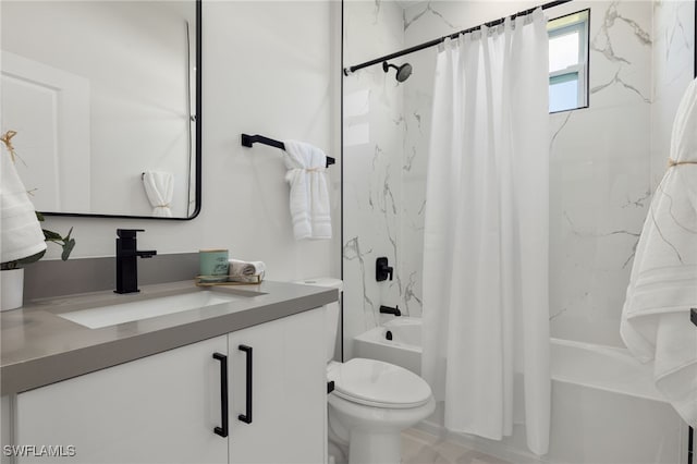 full bathroom with vanity, shower / bath combination with curtain, and toilet