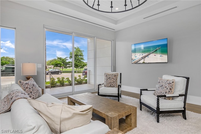 living room with hardwood / wood-style floors, a raised ceiling, and a wealth of natural light