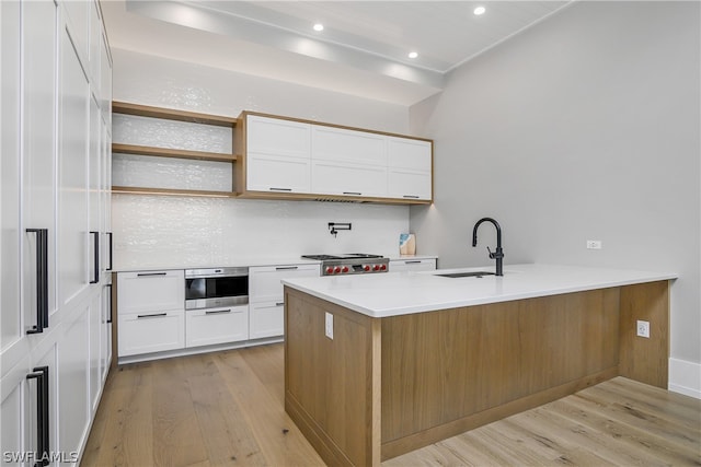 kitchen with kitchen peninsula, light hardwood / wood-style floors, white cabinetry, and sink