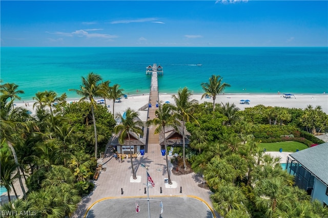 drone / aerial view with a water view and a beach view