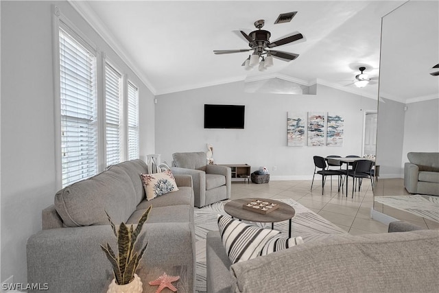 living area featuring light tile patterned floors, ceiling fan, visible vents, and crown molding