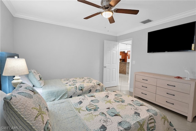 tiled bedroom with crown molding and ceiling fan