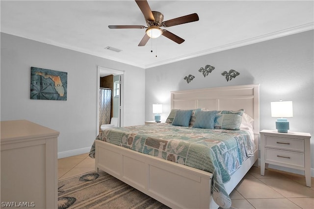 bedroom featuring light tile patterned floors, baseboards, visible vents, a ceiling fan, and crown molding