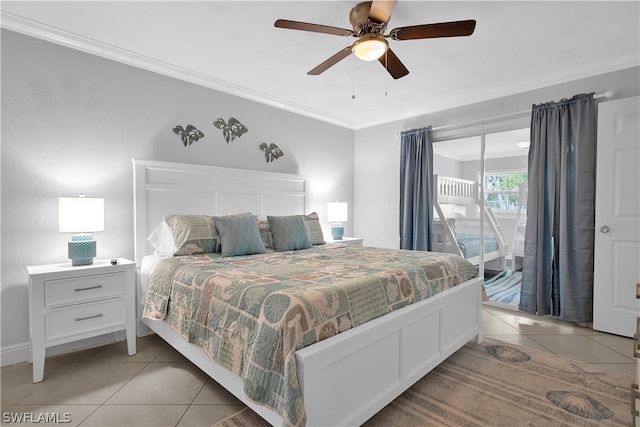 bedroom featuring access to outside, ceiling fan, ornamental molding, and light tile patterned floors