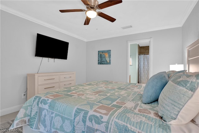 bedroom with ensuite bathroom, ceiling fan, and crown molding