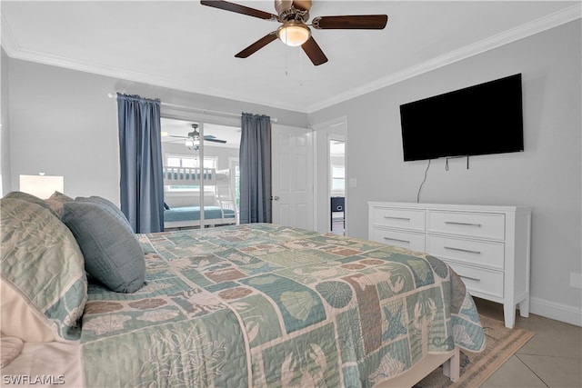 bedroom featuring ceiling fan, light tile patterned floors, and ornamental molding