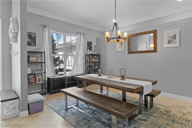 dining space featuring light tile patterned flooring, an inviting chandelier, and ornamental molding