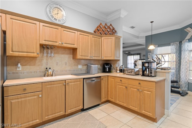 kitchen with stainless steel dishwasher, hanging light fixtures, decorative backsplash, ornamental molding, and kitchen peninsula