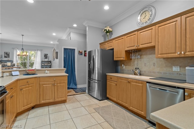 kitchen featuring light tile patterned flooring, stainless steel appliances, hanging light fixtures, decorative backsplash, and sink