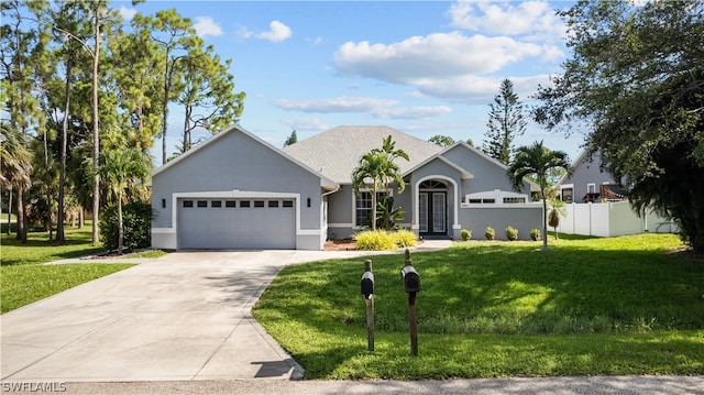 view of front of property with a garage and a front lawn