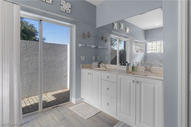 bathroom with hardwood / wood-style floors and dual bowl vanity