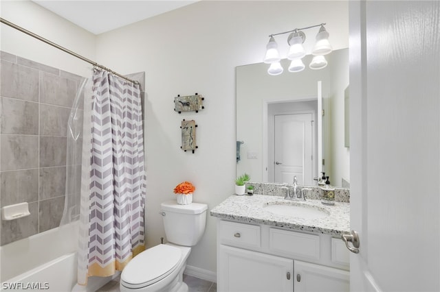 full bathroom with toilet, shower / tub combo with curtain, and vanity