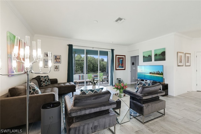 living room with crown molding