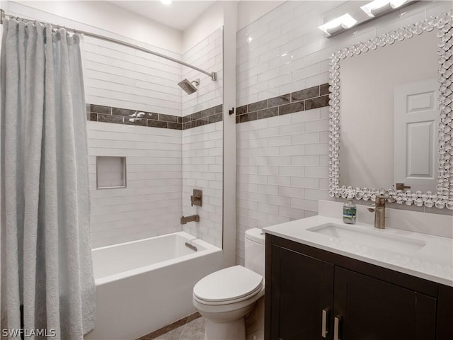 full bathroom with toilet, shower / bathtub combination with curtain, and vanity