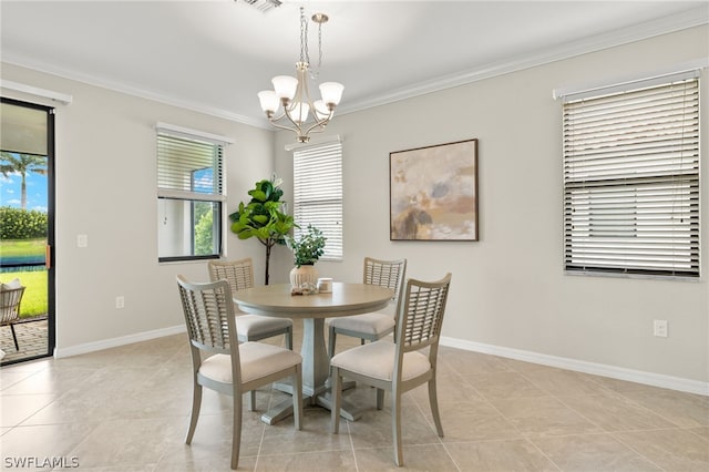 dining space featuring crown molding, light tile patterned flooring, and a chandelier