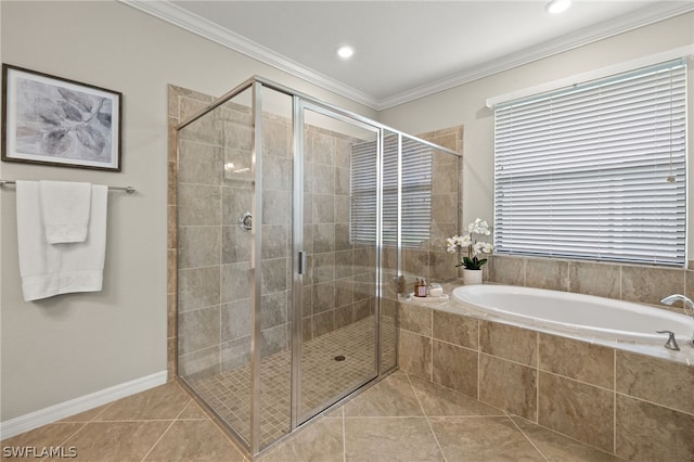 bathroom with crown molding, tile patterned flooring, and independent shower and bath