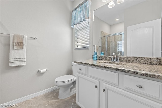 bathroom with tile patterned floors, vanity, toilet, and a shower with door