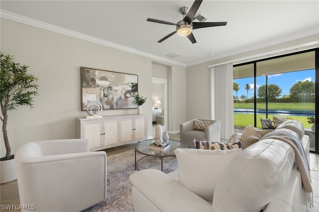 living room featuring ceiling fan and crown molding