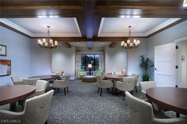 carpeted dining area with beam ceiling, an inviting chandelier, and crown molding