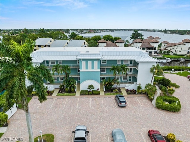 exterior space with a water view