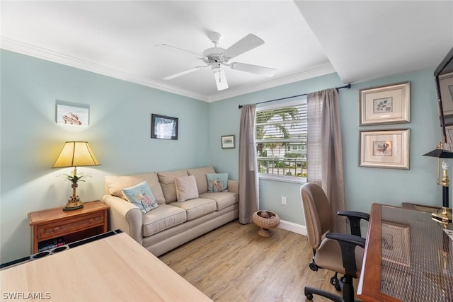 office with ceiling fan, crown molding, and light hardwood / wood-style flooring