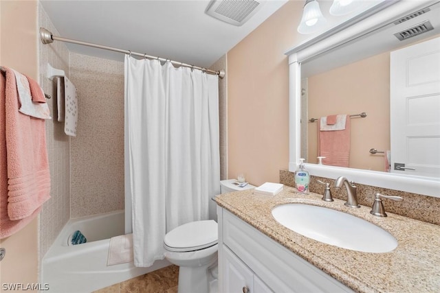 full bathroom with toilet, shower / tub combo, and vanity