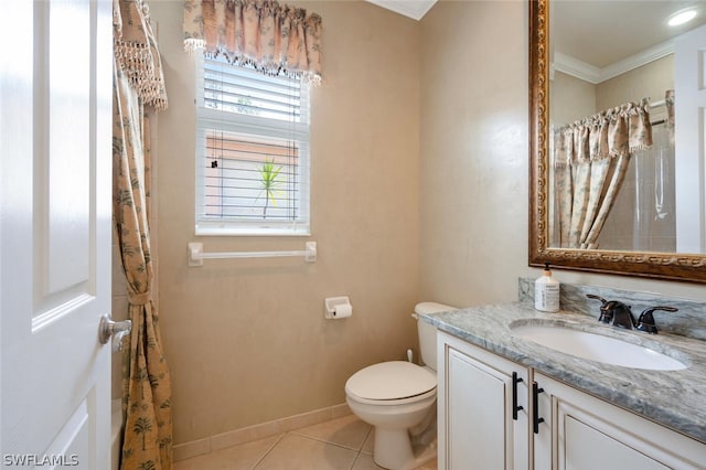 bathroom featuring tile patterned flooring, vanity, toilet, and ornamental molding