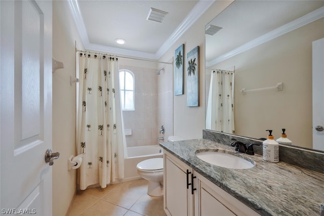 full bathroom featuring tile patterned floors, crown molding, shower / bath combination with curtain, toilet, and vanity