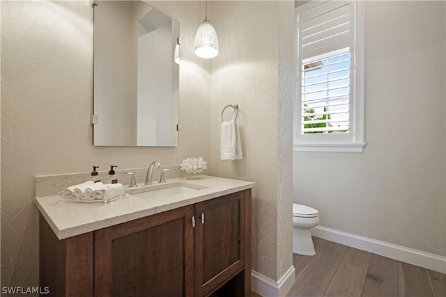 bathroom featuring toilet, hardwood / wood-style flooring, and vanity