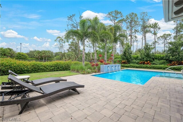 view of pool with a patio and pool water feature