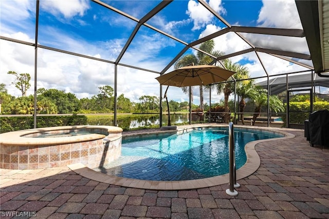 view of swimming pool featuring an in ground hot tub, a water view, a lanai, area for grilling, and a patio area