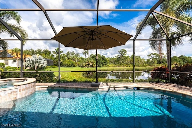 view of swimming pool featuring glass enclosure, an in ground hot tub, and a water view