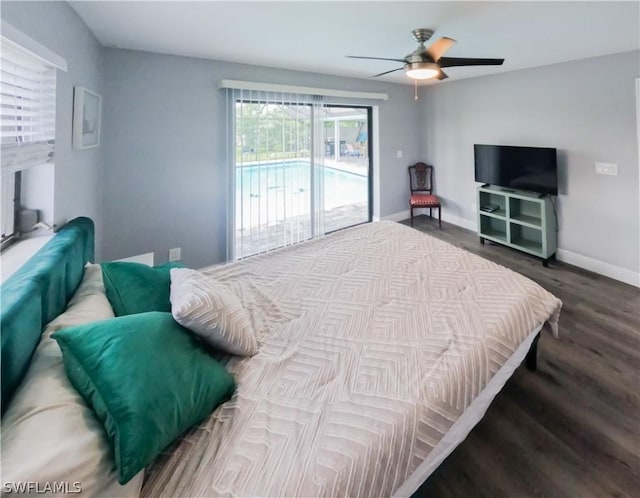 bedroom featuring hardwood / wood-style floors, access to outside, and ceiling fan