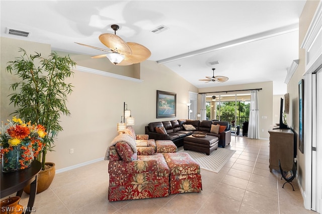 tiled living room with vaulted ceiling with beams and ceiling fan