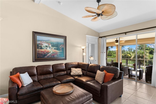 living room with light tile patterned floors and lofted ceiling with beams